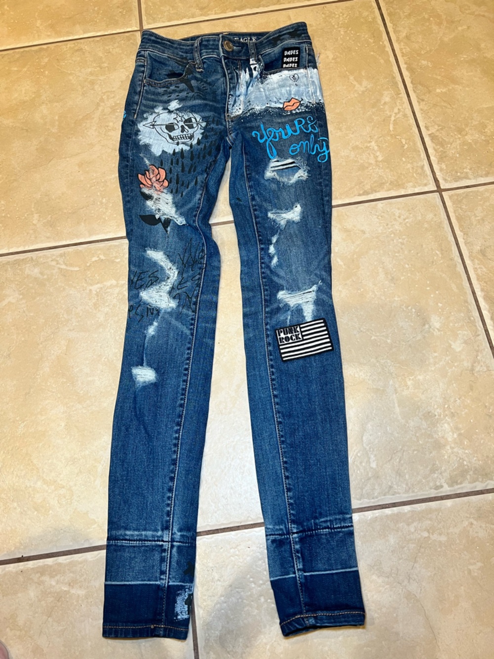 American Eagle Outfitters Dark Blue Distressed Patchwork Super Stretch Jeggings